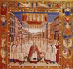 Attavante, Processione del Corpus Domini, 1505 ca., miniatura del Graduale diurno domenicale, parte IV, dalla festa della SS. Trinit&agrave; alla XXIV domenica dopo Pentecoste, Firenze, Biblioteca Medicea Laurenziana, Corali 4, scrittura datata al 1410