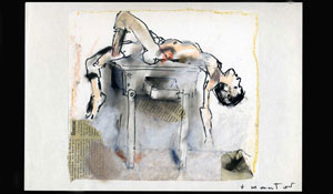 Umarla Klasa', (Ragazzo nel banco), pastello, acquerello e pennarello su carta trasparente, collezione privata, Milano