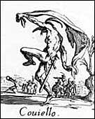 Coviello, maschera della Commedia dell'Arte, in un'acquaforte di J. Callot (I Balli di Sfessania - XVII sec.)