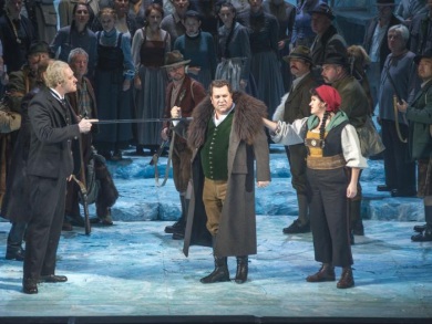 Stromminger (Marc Kugel), Paulo Ferreira (Giuseppe Hagenbach), Susanna von der Burg (Wally). Ensemble